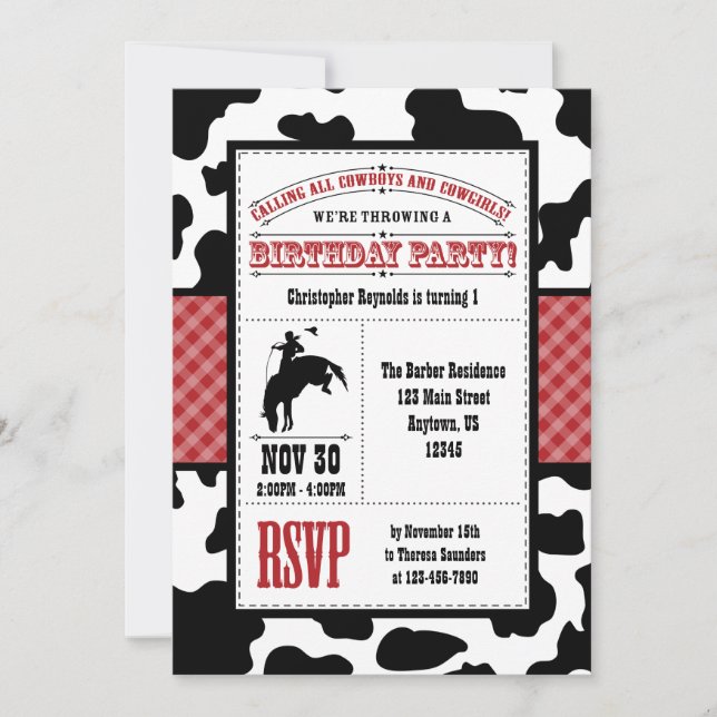Red Cowhide Cowboy Birthday-inbjudan Inbjudningar (Framsida)