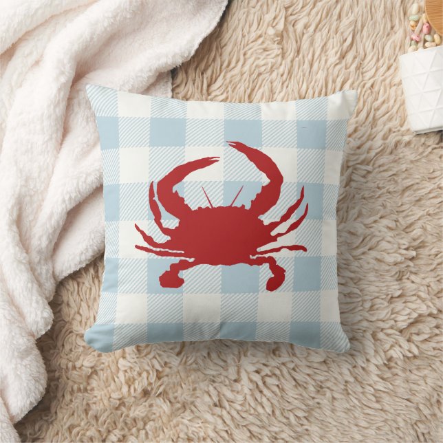 Red Crab Nautical Blue Gingham Check Kudde (Filt)