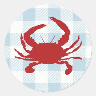Red Crab Painting Nautical Blue Gingham Check Runt Klistermärke