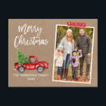 Red Craft Tape Lastbil-penselskript Kraft-jul Vykort<br><div class="desc">Modern Push Script Watercolor Vintage Red Lastbil med Julgran God jul Family Photo Postcard - Rustic Kraft Papper,  Snowflake Red Craft Tape Tape</div>