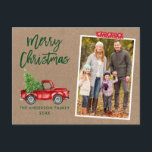 Red Craft Tape Push Script Lastbil Kraft-jul Vykort<br><div class="desc">Modern Push Script Watercolor Vintage Red Lastbil med Julgran God jul Family Photo Postcard - Rustic Kraft Papper,  Red Snowflake Craft Tape Tape</div>