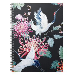 Red Crane Chrysanthemum Watercolor Mönster Anteckningsbok