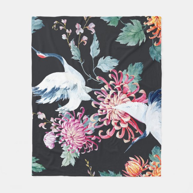 Red Crane Chrysanthemum Watercolor Mönster Fleecefilt (Framsidan)