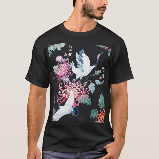 Red Crane Chrysanthemum Watercolor Mönster T Shirt (Framsida)