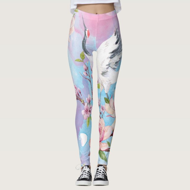 Red Crane Watercolor Japansk Motif Leggings (Framsida)