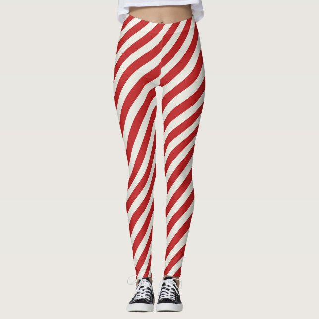 Red & Cream Beige White Rand-jul Helgdag Leggings (Framsida)