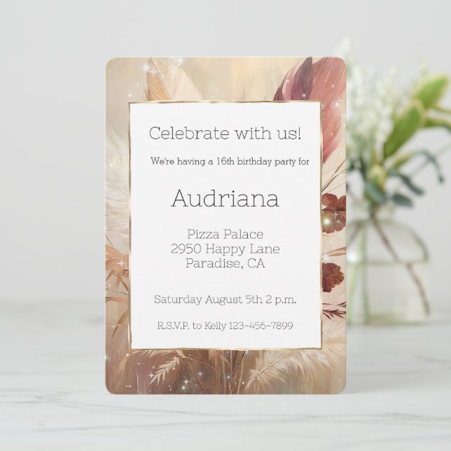 Red Cream Boho Feather Blommigt 16:e födelsedagen Inbjudningar (Stående Fram)
