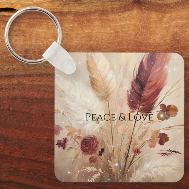 Red Cream Boho Feather Blommigt Nyckelring (Framsida)