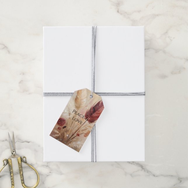 Red Cream Boho Feather Blommigt Presentetikett (Med Snöre)