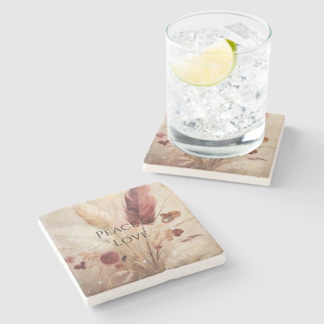 Red Cream Boho Feather Blommigt Stenunderlägg (Sidan)