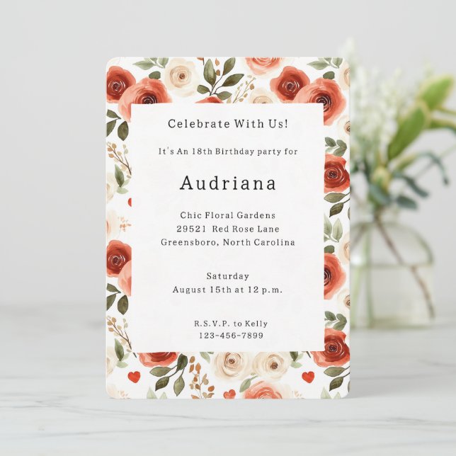 Red Cream Hearts and Flowers Birthday Inbjudningar (Stående Fram)