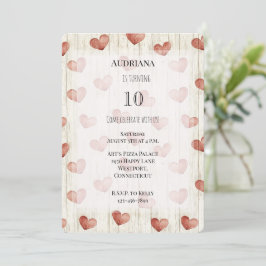 Red Cream Hearts Faux Wood Birthday Inbjudningar