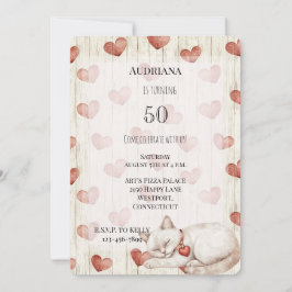 Red Cream Hearts Faux Wood Cat Birthday Inbjudningar