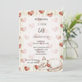 Red Cream Hearts Faux Wood Cat Birthday Inbjudningar