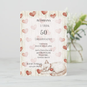 Red Cream Hearts Faux Wood Cat Birthday Inbjudningar