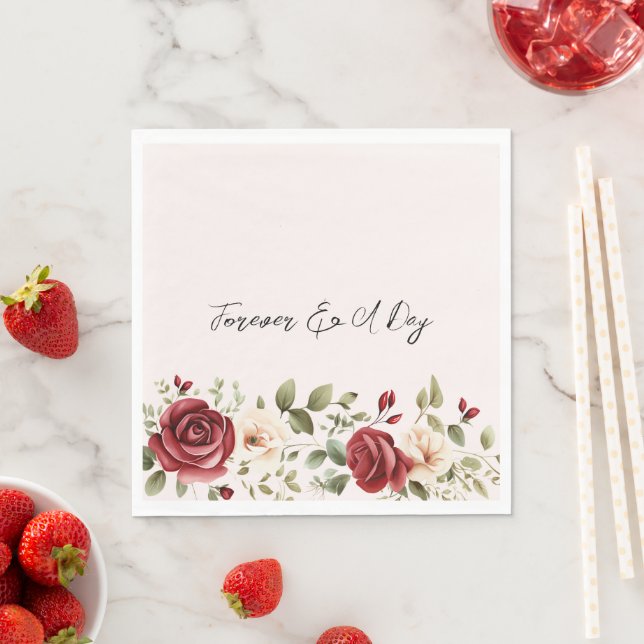 Red Cream Ro  Rosa Blommigt Bröllop Pappersservett (Insitu)