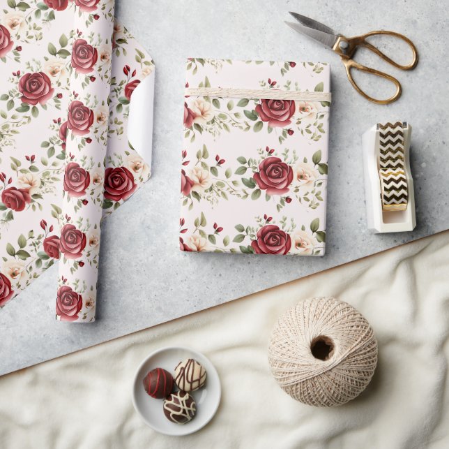 Red Cream Ro  Rosa Blommigt Bröllop Presentpapper (Hantverk)