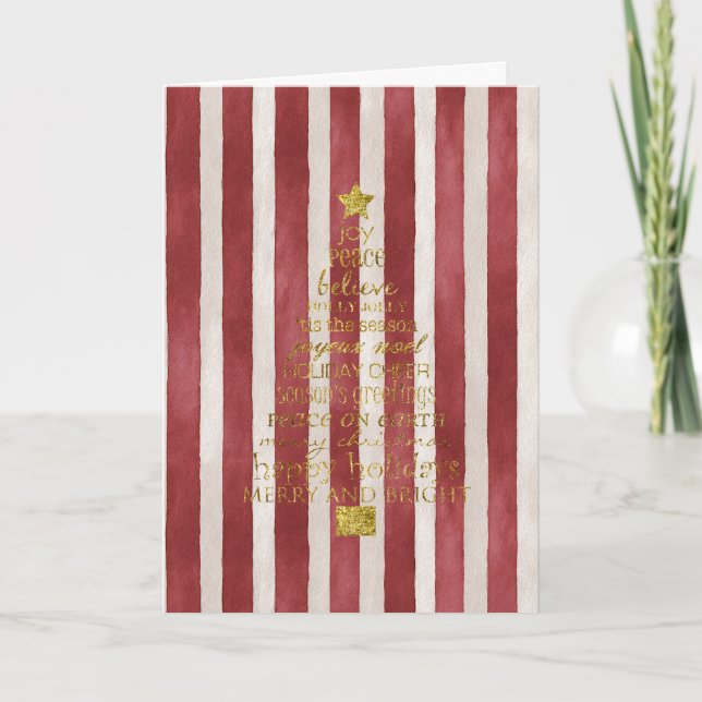 Red Cream Stripes Gold Merry Christmas Tree Kort (Framsida)