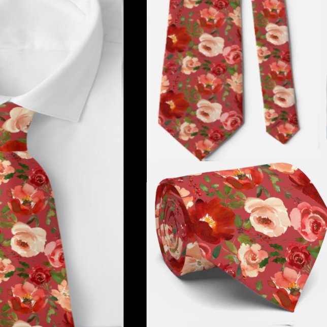 Red Cream Watercolor Blommigt Ro Neck Tie Slips (Skapare uppladdad)