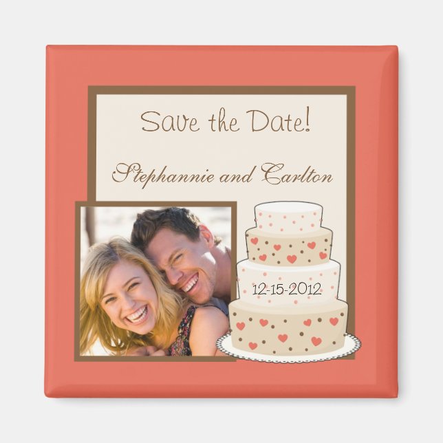 Red/Creme Bröllop Cake Announcement Magnet (Framsidan)
