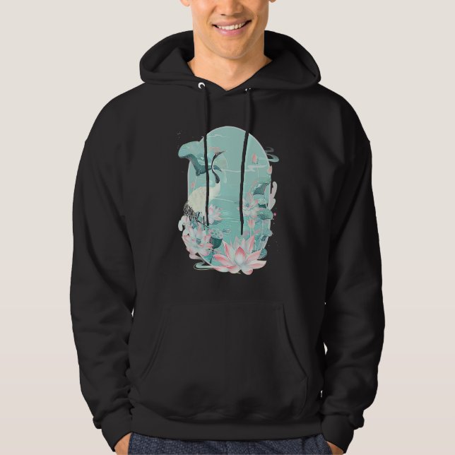Red Crowned Crane Bird Water Lily Lotus Flower Chi Hoodie (Framsida)