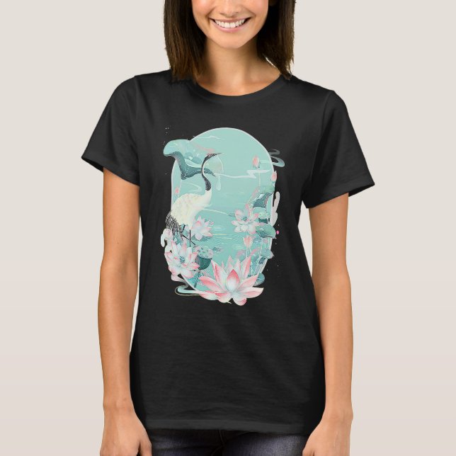 Red Crowned Crane Bird Water Lily Lotus Flower Chi T Shirt (Framsida)