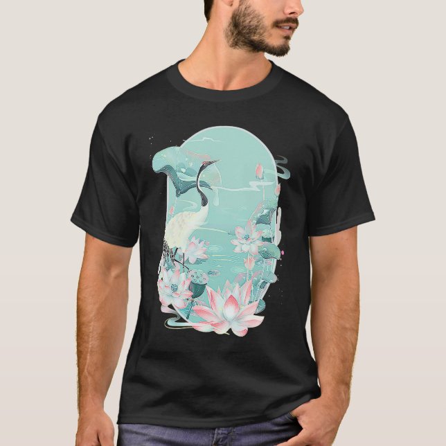 Red Crowned Crane Bird Water Lily Lotus Flower Chi T Shirt (Framsida)