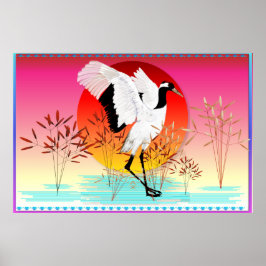 Red Crowned Crane och Setting Sol Poster