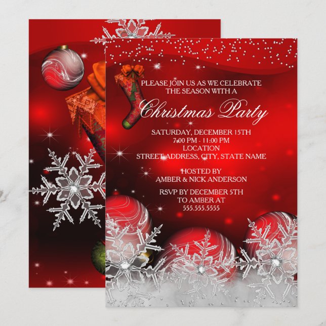 Red Crystal Snowflake-jul Party Inbjudningar (Fram/baksida)