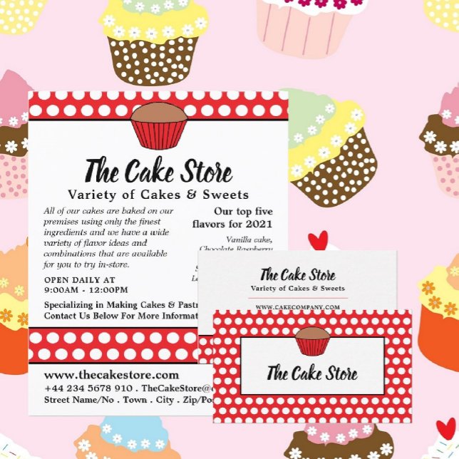 Red Cuptårta & Polka Dot, Cake Maker, Cake Store Visitkort (Skapare uppladdad)