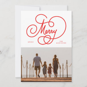 Red Cursive Script Merry Flourish Photo Helgdag Julkort