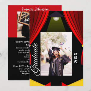 Red Curtain Black & Gult Photo Studenten Grad Inbjudningar
