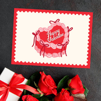 Red cute cake heart bow happy valentines julkort