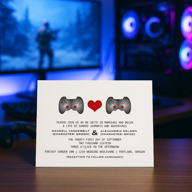 Red Cute Gamer bröllopsinbjudan Inbjudningar (Red Cute Gamer Wedding Invite)