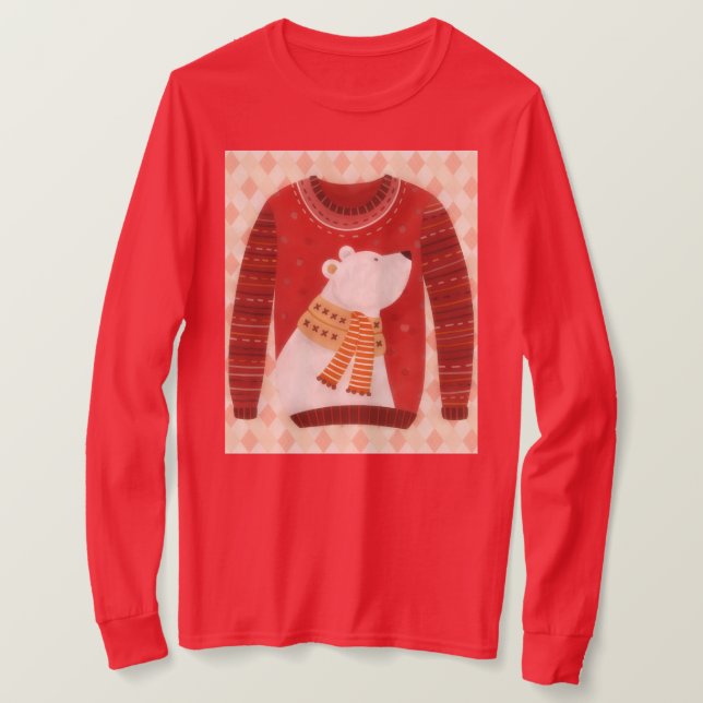 Red Cute Polar Bear Ugly Sweater Art on T-Shirt (Design framsida)