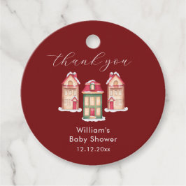 Red Cute Snow Gingerbread Village Baby Shower  Gåvor Etiketter