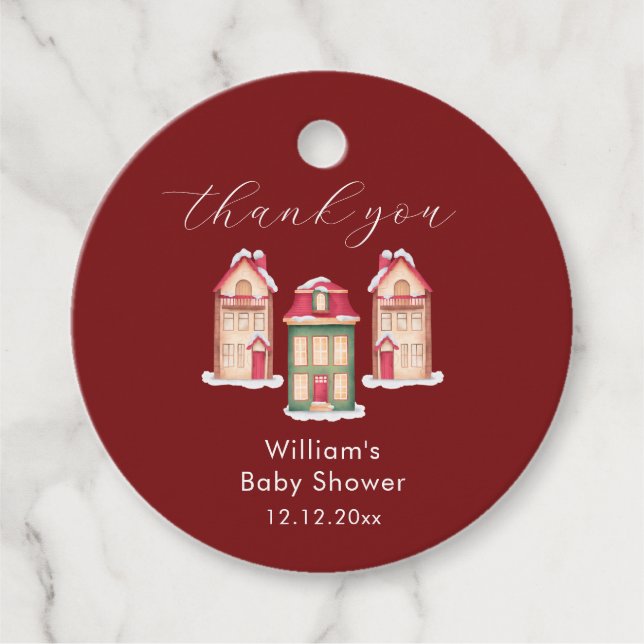 Red Cute Snow Gingerbread Village Baby Shower  Gåvor Etiketter (Framsida)
