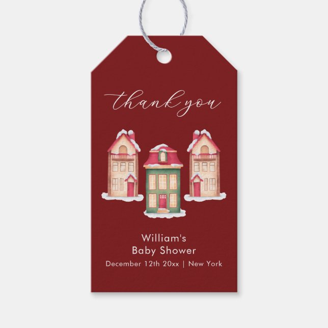 Red Cute Snow Gingerbread Village Baby Shower  Presentetikett (Framsidan)