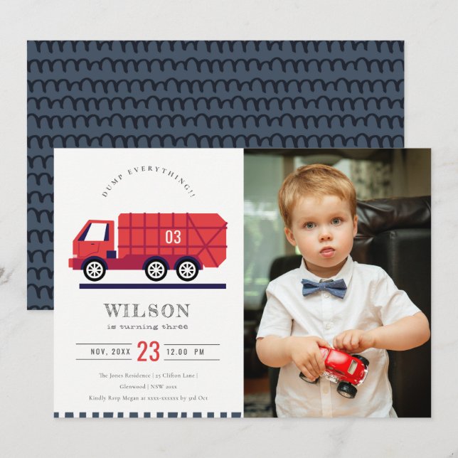 Red Cute Sopor Lastbil Kids Photo Birthday Inbjuda Tack Kort (Fram/baksida)