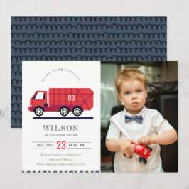 Red Cute Sopor Lastbil Kids Photo Birthday Inbjuda Tack Kort