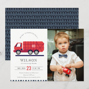 Red Cute Sopor Lastbil Kids Photo Birthday Inbjuda Tack Kort