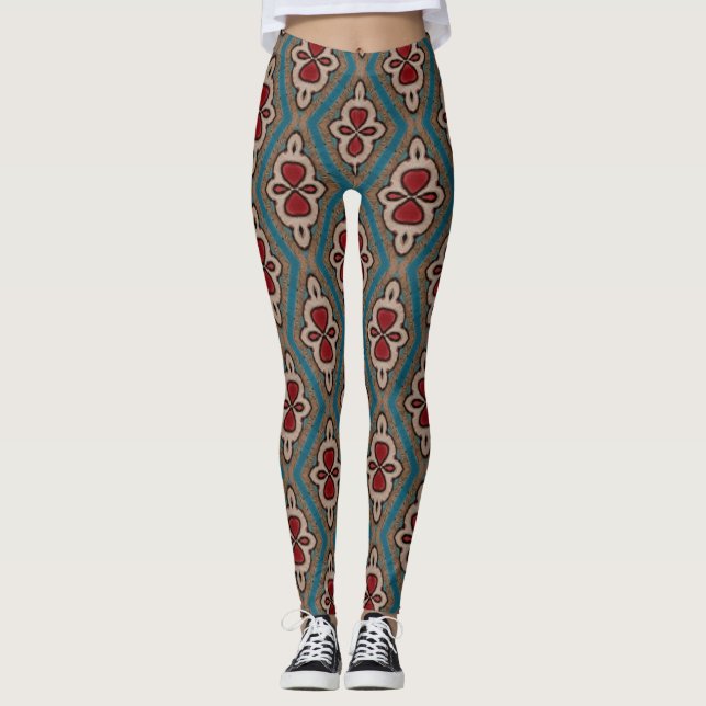 Red Cyan Copper Azulejos Tile Mönster Elegance Leggings (Framsida)