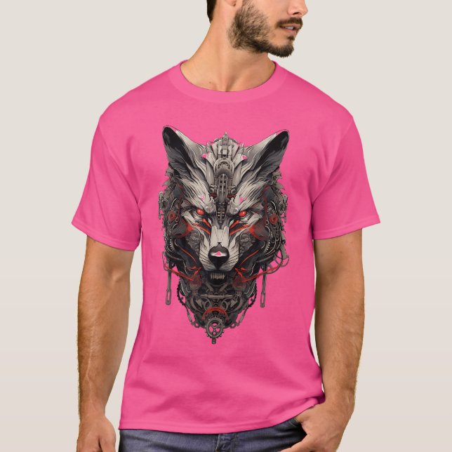 Red Cyborg Varg Mecha Cyberpunk T Shirt (Framsida)