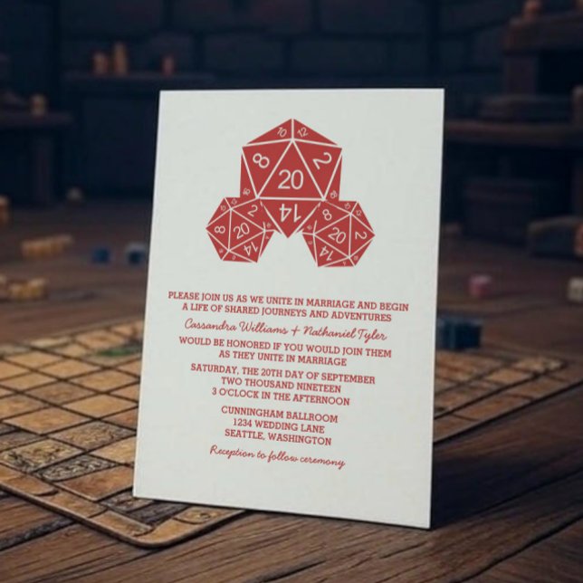 Red D20 Dice Wedding bjudes in Inbjudningar (Red D20 Dice Wedding Invite)