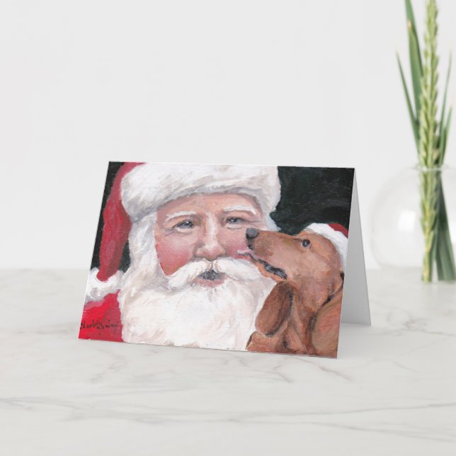 Red Dachshund Kissing Jultomten Hund Art Hälsning Kort (Framsida)