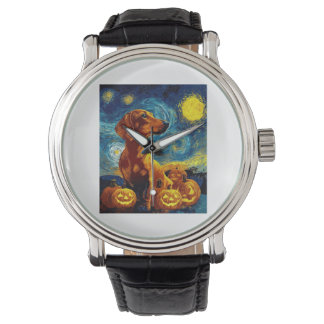 Red Dachshund of van gogh starry night halloween F Armbandsur