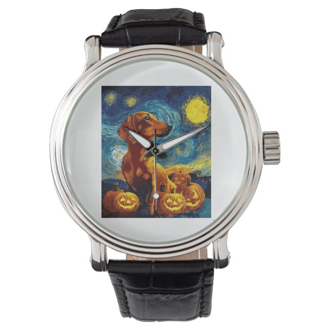 Red Dachshund of van gogh starry night halloween F Armbandsur (Framsida)