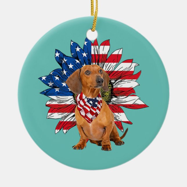 Red Dachshund Sunros American Flagga Julgransprydnad Keramik (Framsidan)