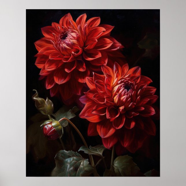 Red Dahlia Flowers Art Print Poster (Framsidan)