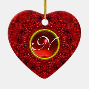 RED DAHLIA RUBY MONOGRAM Heart Julgransprydnad Keramik